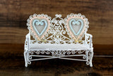 Vintage 1:12 Miniature Dollhouse White Metal Bench with Pink & Blue Accents