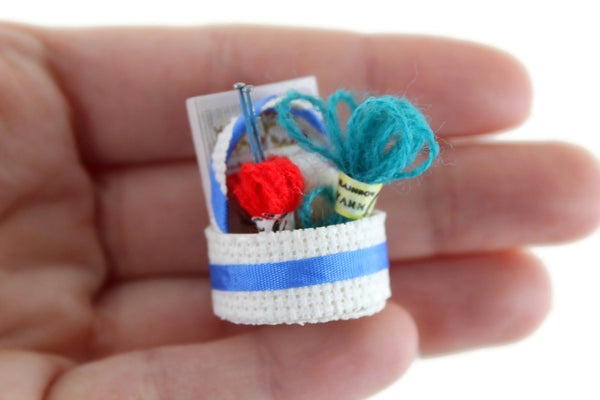 Vintage 1:12 Miniature Dollhouse Knitting Basket with Accessories