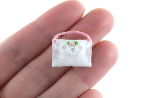 Vintage 1:12 Miniature Dollhouse White & Pink Purse or Handbag