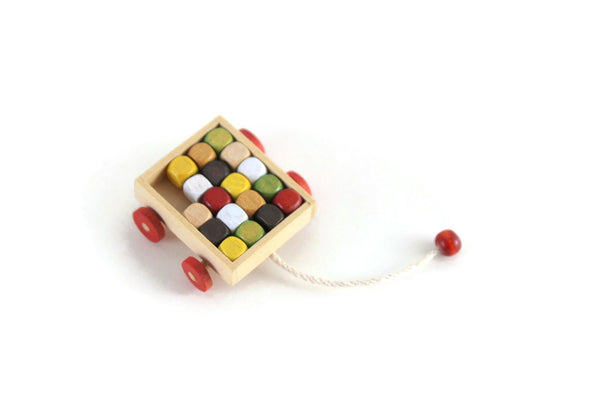 Vintage 1:12 Miniature Dollhouse Wooden Toy Wagon with Colorful Blocks