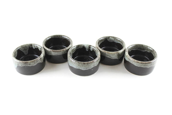 Set of 5 Vintage Brown & Drip Glaze Pottery Candleholders or Salt Cellars