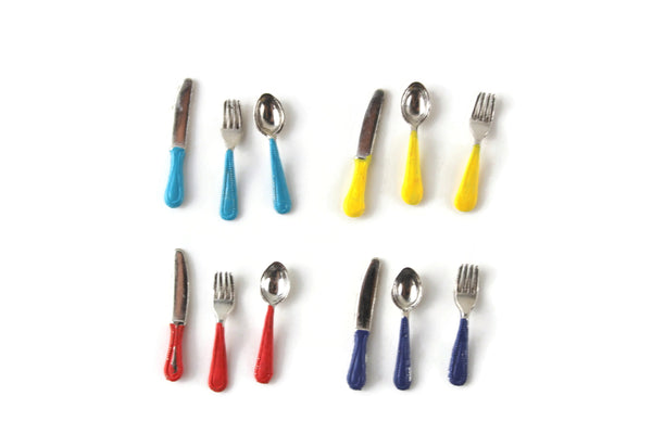 Vintage 1:12 Miniature Dollhouse Silverware Set for 4 Place Settings with Colorful Handles