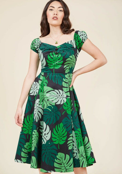 New Modcloth Green Palm Leaf "Tickle Me Picnic Dress" by Collectif, Size US M / UK12, Originally $80