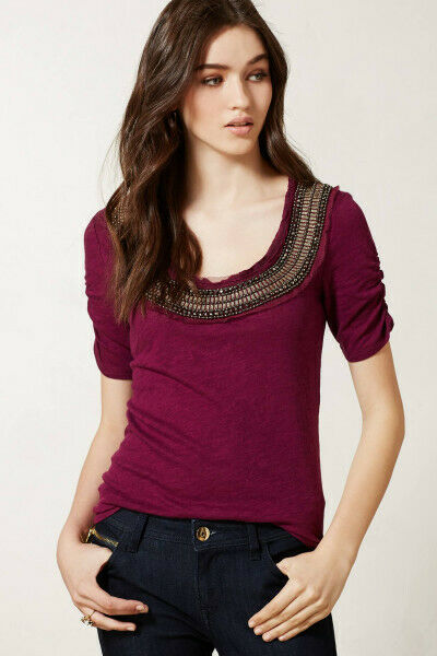 New Anthropologie Deep Pink Embellished "Jewelscape Tee" by Deletta, Size M, Originally $78