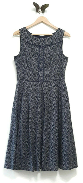 New Aryeh Sleeveless Navy Blue & Gray Print Retro Style Dress, Size M The Mustard Dandelion New Aryeh Sleeveless Navy Blue & Gray Print Retro Style Dress, Size M The Mustard Dandelion