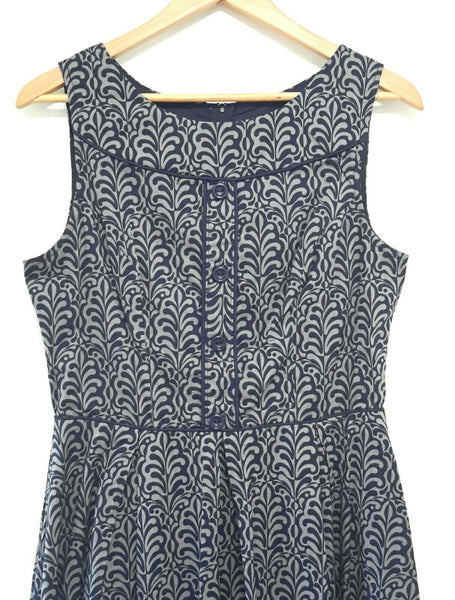 New Aryeh Sleeveless Navy Blue & Gray Print Retro Style Dress, Size M The Mustard Dandelion New Aryeh Sleeveless Navy Blue & Gray Print Retro Style Dress, Size M The Mustard Dandelion