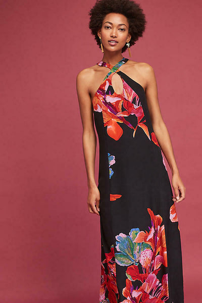 anthropologie black floral dress New Anthropologie Black & Pink Floral "Cayman Silk Maxi Dress" by Maev – The Mustard Dandelion
