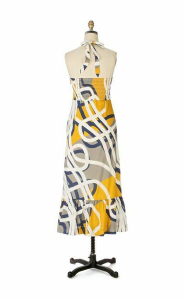 anthropologie yellow halter dress Anthropologie Dress Large Womens Yellow Maxi Halter Neck Gold Chiffon Belted