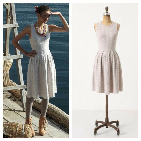 New Anthropologie Gray Lavender Wool "Flared & Cabled Sweater Dress" b New Anthropologie Gray Lavender Wool "Flared & Cabled Sweater Dress" b