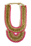 Rare New Anthropologie Pink & Green Woven "Adia Bib Necklace", Originally $98