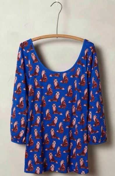 New Anthropologie Blue & Red Fox Print "Forest Fete Shirt" by Postmark, Size S, Originally $88