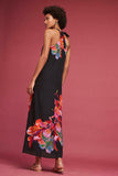 New Anthropologie Black & Pink Floral "Cayman Silk Maxi Dress" by Maeve, Size XS, Originally $178
