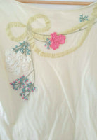 Anthropologie Beige Top with Ribbon Flowers & Bows by Cross Stitch Heart, Size M, Originally $78