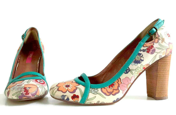 Anthropologie Teal Blue Floral Print Block Heels by Pink Studio
