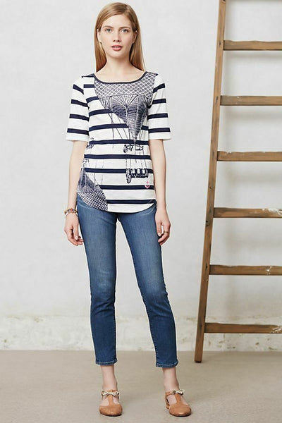 New Anthropologie Navy & White Striped Hot Air Balloon "Daydreamer Tee" by Postmark, Size S
