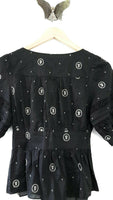 New Anthropologie Black Floral Print "Rose Cameo Blouse" by Lithe, Size 0, Originally $88