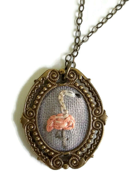 New Embroidered "Mr. Flamingo" Antique Brass Frame Necklace by Poppy & Fern
