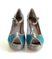 New Poetic Licence Teal & Gray "New Years Eve" T-Strap Heels, Size 8.5 / 39.5, Originally $129