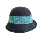 New Anthropologie Dark Gray 100% Wool Cloche Hat with Blue Lace Band by Yellow Bird, Originally $58