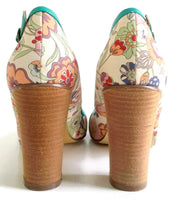 Anthropologie Teal Blue Floral Print Block Heels by Pink Studio, Size 10, Originally $158