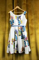 White Sleeveless House Print Fit & Flare Belted Dress, Size L