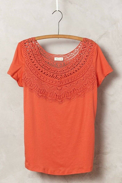 New Anthropologie Orange "Crochet Bib Tee" by Meadow Rue, Size M, Originally $68
