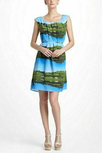 Anthropologie Blue & Green Silk Landscape Print "Cuillin Dress" by Meadow Rue, Size 8, Originally $248
