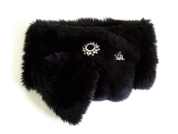 New Vintage-Style Black Faux Fur Stole Scarf with Rhinestone Accents