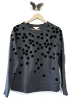 New Boden Charcoal Gray & Black Velvet Polka Dot Sweatshirt, Size S, Originally $75