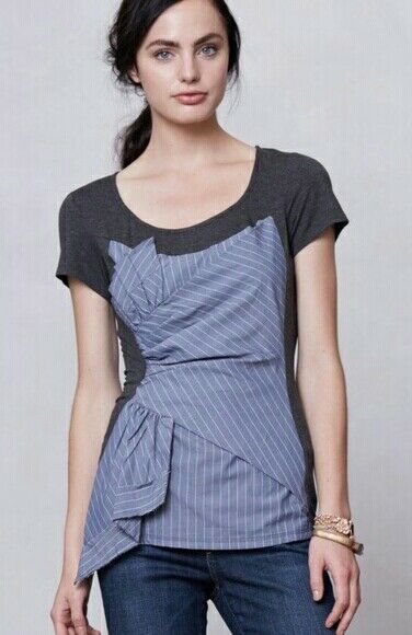 New Anthropologie Gray & Blue Striped "Twist-Layer Top" by One September, Size S, Originally $78