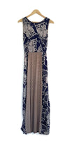 Navy Blue & Beige Mixed Patterns Sleeveless Maxi Dress, Size S