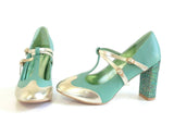 New Modcloth "Strut in the World T-Strap Heel", Seafoam Green & Gold Glitter Heels, Size 9