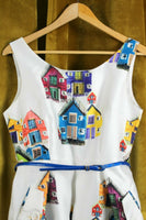 White Sleeveless House Print Fit & Flare Belted Dress, Size L