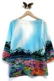 New Modcloth Blue & Pink Floral Scenic Print "Take Your Picturesque Top", Size M, Originally $40
