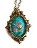 New Embroidered "With Lavender & Lace" Floral Antique Brass Frame Necklace by Poppy & Fern