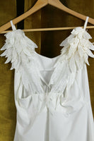 New White Mini Dress with Embroidered Wing Straps, Size M