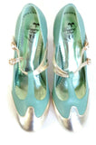 New Modcloth "Strut in the World T-Strap Heel", Seafoam Green & Gold Glitter Heels, Size 9