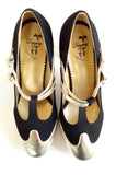 New Modcloth "Strut in the World T-Strap Heel", Black & Gold Glitter Heels, Size 9