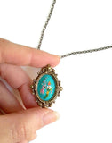 New Embroidered "With Lavender & Lace" Floral Antique Brass Frame Necklace by Poppy & Fern