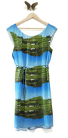 Anthropologie Blue & Green Silk Landscape Print "Cuillin Dress" by Meadow Rue, Size 8, Originally $248