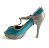 New Poetic Licence Teal & Gray "New Years Eve" T-Strap Heels, Size 8.5 / 39.5, Originally $129