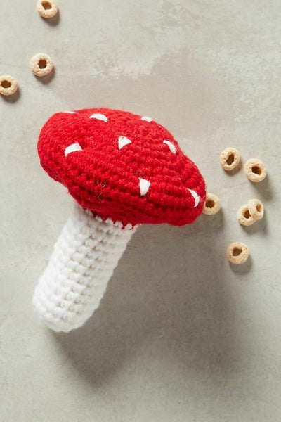 New Rare Anthropologie "Toadstool Rattle" Red & White Crochet Mushroom Rattle
