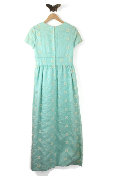 Vintage Aqua Blue Cap Sleeve Maxi Dress with Beige Embroidered Flowers The Mustard Dandelion Vintage Aqua Blue Cap Sleeve Maxi Dress with Beige Embroidered Flowers The Mustard Dandelion