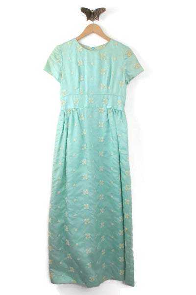 Vintage Aqua Blue Cap Sleeve Maxi Dress with Beige Embroidered Flowers The Mustard Dandelion Vintage Aqua Blue Cap Sleeve Maxi Dress with Beige Embroidered Flowers The Mustard Dandelion