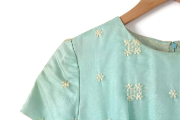 Vintage Aqua Blue Cap Sleeve Maxi Dress with Beige Embroidered Flowers The Mustard Dandelion Vintage Aqua Blue Cap Sleeve Maxi Dress with Beige Embroidered Flowers The Mustard Dandelion