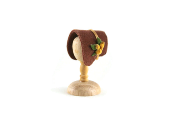 Artisan-Made Vintage 1:12 Miniature Dollhouse Brown Velvet Bonnet with Floral & Ribbon Trim