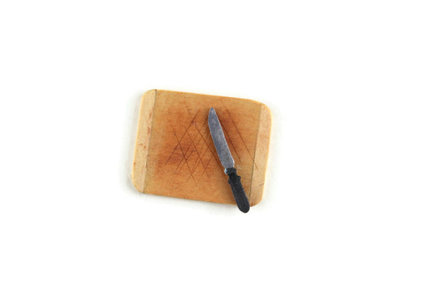 Artisan-Made Vintage 1:12 Miniature Dollhouse Wooden Cutting Board with Knife Signed by JH