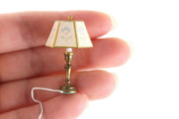 Artisan-Made Vintage 1:12 Miniature Dollhouse Working Brass & Beige Floral 12V Plug-In Table Lamp
