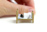Artisan-Made Vintage Miniature Dollhouse Small Scale Gold Metal Doll Bed with Doll & Bedding