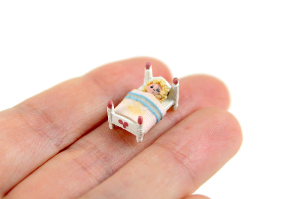 Artisan-Made Vintage Miniature Dollhouse Micro Mini White Metal Doll Bed with Doll Bedding Signed CSC